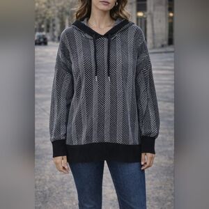Joie | Gorgeous and Soft Black and White Chevron Knit Hoodie, Size 3XL
